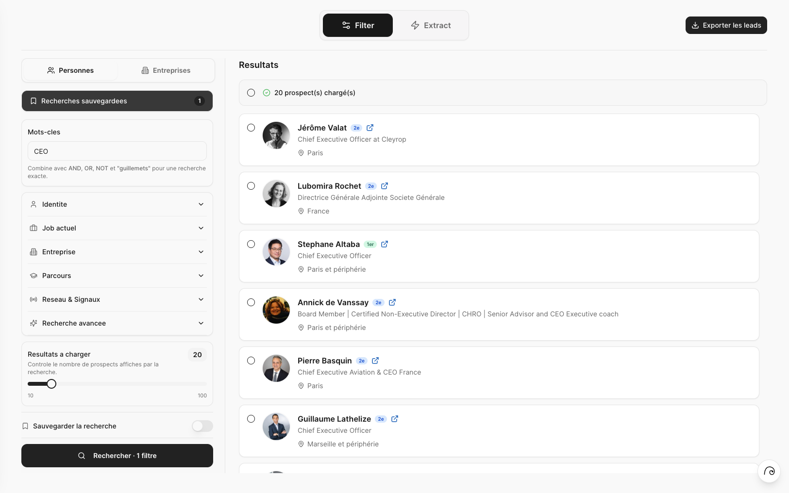 Capture de l'interface Prospects Reach Flow